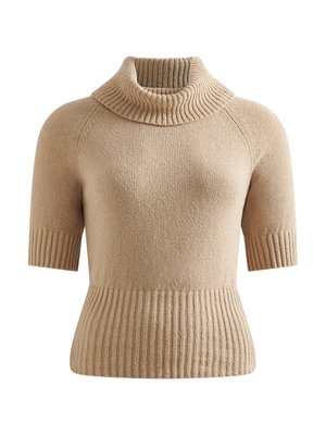 Pull à manches courtes beige avec un col montant côtelé, un ourlet côtelé et un tricot texturé. Présente une coupe près du corps avec des manches raglan.