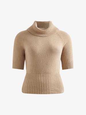 Beige short-sleeve sweater with a ribbed cowl neck, ribbed hem, and textured knit. Features a close fit with raglan sleeves.