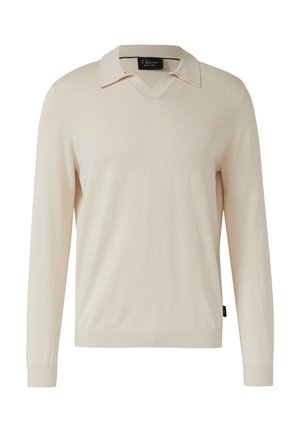 Cremefarbener, langärmeliger Strickpullover mit V-Ausschnitt und flachem Kragen, mit gerippten Bündchen und Saum, vor weißem Hintergrund dargestellt.