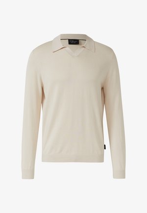 Cremefarbener, langärmeliger Strickpullover mit V-Ausschnitt und flachem Kragen, mit gerippten Bündchen und Saum, vor weißem Hintergrund dargestellt.