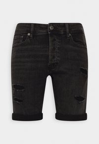 Svarta jeans-shorts med fransade hål, uppvikta fållar och en klassisk fem-ficksdesign. Sliten textur förbättrar det övergripande utseendet.