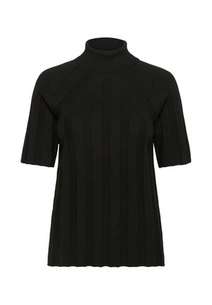 Schwarzes, geripptes Strickoberteil mit kurzen Ärmeln und enganliegendem Rollkragen, das vertikale Strukturmuster auf weißem Hintergrund präsentiert.