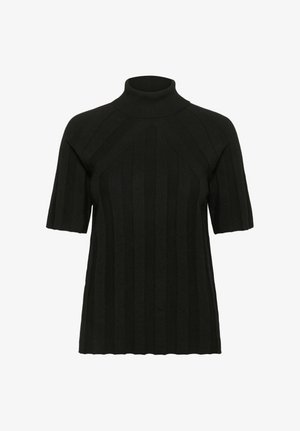 Top de punto negro con mangas cortas y cuello alto ajustado, que presenta patrones texturizados verticales sobre un fondo blanco.