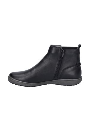 Black leather ankle boots with a side zipper, rounded toe, and a flexible rubber sole. Smooth texture and minimalistic design.