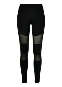 Sorte leggings med gjennomsiktige nettingpaneler på lårene og leggene. Laget av elastisk materiale, designet for komfort og bevegelsesfrihet.