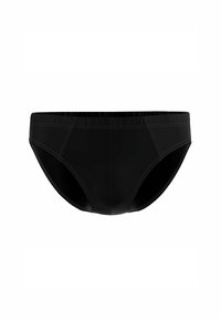 Zwarte zwemslips met een gladde, matte afwerking, voorzien van versterkte naden en een elastische tailleband voor comfort en pasvorm.