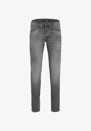 Gray denim jeans with a straight-leg cut, five pockets, and a mid-rise waistband. Subtle fading and stitching details throughout.