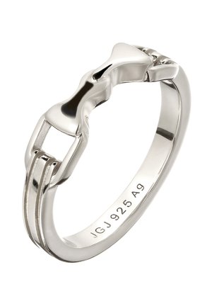 Silberner Ring mit einzigartigem, schnalleninspiriertem Design und der Gravur "JGJ 925 Ag" im Inneren des Rings.
