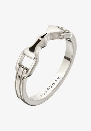 Silberner Ring mit einzigartigem, schnalleninspiriertem Design und der Gravur "JGJ 925 Ag" im Inneren des Rings.