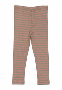 Gestreepte leggings in lichtgroen met roze horizontale strepen. Ribbelstructuur, aansluitend ontwerp, elastische tailleband, geen extra versieringen.