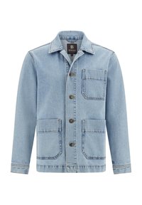 Vaaleansininen farkkutakki, jossa on napillinen etuosa, terävä kaulus, neljä taskua ja kontrastinen ommel. Silkkinen pinta ja rento muotoilu.