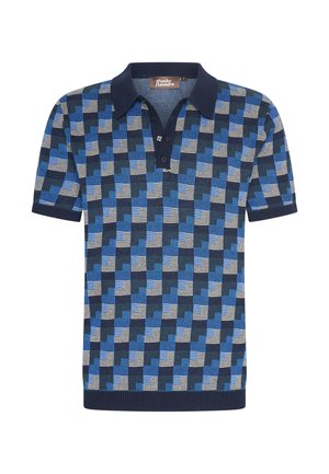 Kurzarm-Polohemd aus strukturiertem Stoff; mit einem geometrischen Muster in Blau und Grau, navyfarbenem Kragen, einer Dreiknopf-Leiste und geripptem Saum.