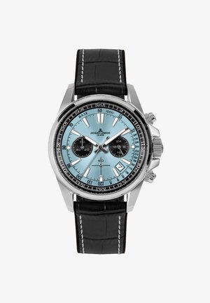 Srebrni nehrđajući čelik kronograf sat s svijetloplavim brojčanikom, crnim podbrojčanicima, crnim kožnim remenom i kontrastnim bijelim oznakama sati.