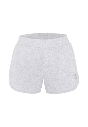 Light gray athletic shorts with elastic waistband and small embroidered logo on the lower right leg.