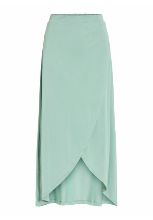 Jupe midi vert clair avec un design croisé à l'avant et une taille élastique, confectionnée dans un tissu doux et fluide.