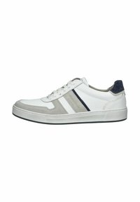 Hvide sneakers med grå ruskindsdetaljer, der har blå striber, en rund tå, teksturerede sider og en gummisål. Traditionelt snøredesign.