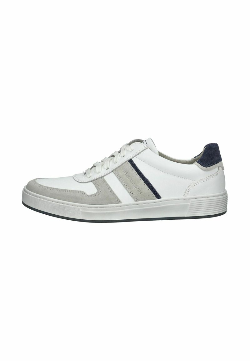 Hvide sneakers med grå ruskindsdetaljer, der har blå striber, en rund tå, teksturerede sider og en gummisål. Traditionelt snøredesign.