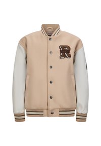 Beige Collegejacke mit cremefarbenen Lederärmeln, gerippten Bündchen und Kragen sowie einem gestickten Buchstaben "R" Patch auf der Brust.
