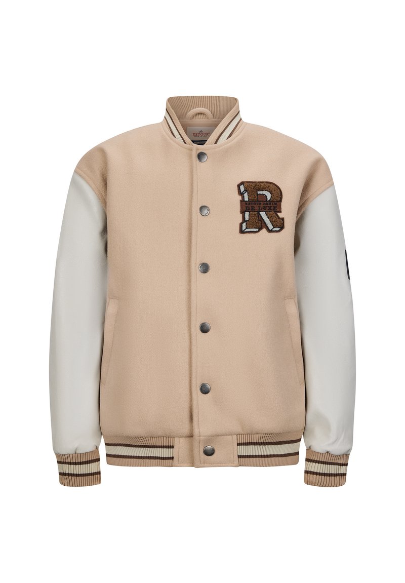 Beige Collegejacke mit cremefarbenen Lederärmeln, gerippten Bündchen und Kragen sowie einem gestickten Buchstaben "R" Patch auf der Brust.