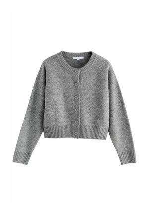 Grå cropped cardigan lavet af blødt strikstof. Har en rund halsudskæring, ribbede manchetter og seks runde knapper ned foran.