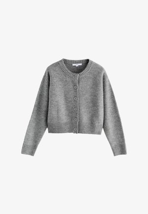 Gray cropped cardigan made of soft knit fabric. Features a round neckline, ribbed cuffs, and six round buttons down the front.