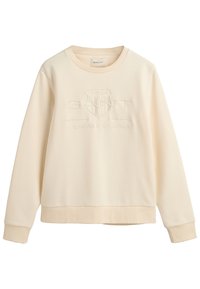 Cremefarvet sweatshirt med ribbet halsudskæring og manchetter. Har et præget logo og en afslappet pasform. Blødt stof med minimale design detaljer.