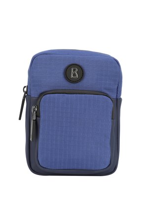 Compact backpack in textured blue fabric, featuring a front zipper pocket, black accents, and a circular logo with the letter "B."