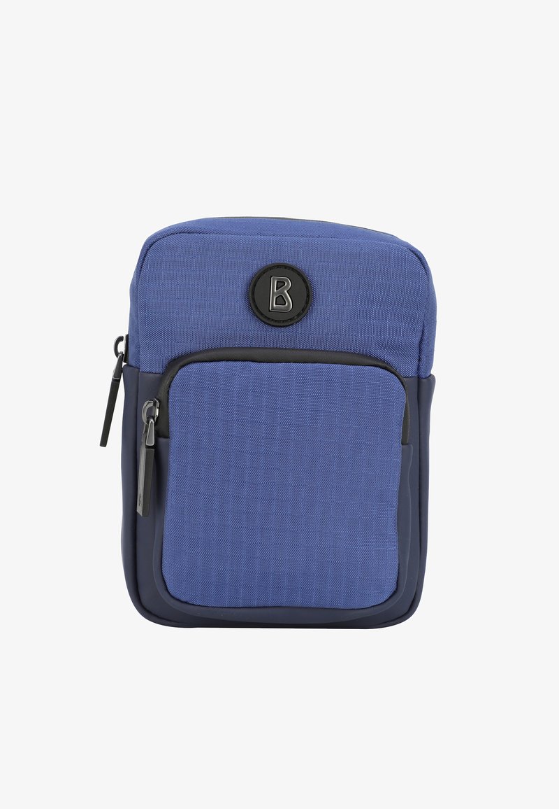 Zaino compatto in tessuto blu texturizzato, con una tasca frontale con zip, dettagli neri e un logo circolare con la lettera "B".