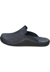 Navyfarbene Leder-Slipper mit offener Ferse, geschwungenem Silhouette, strukturiertem schwarzen Sohlen und minimalen Nähdetails entlang der Kanten.