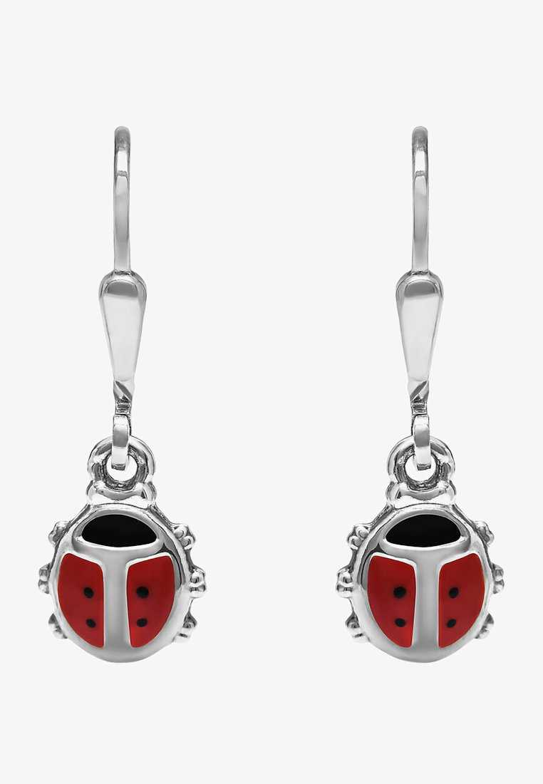 Silver-tone ladybug earrings, featuring red and black enamel. The ladybug design includes black spots and a shiny finish.
