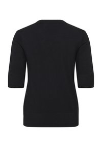 Haut en tricot noir à manches courtes avec poignets et ourlet côtelés, vu de dos.