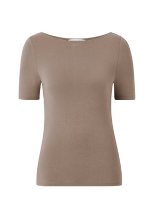 Taupe kortærmet tætsiddende top med en bred rund halsudskæring og glat tekstur, vist på en hvid baggrund.