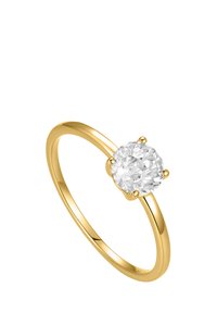 Gold ring featuring a clear, round diamond set in six-prong mount. Smooth band with high polish finish, minimalistic design.