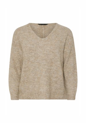 Maglione beige lavorato a maglia con scollo a V, maniche lunghe e vestibilità ampia. Tessuto morbido e testurizzato con un sottile motivo melange.