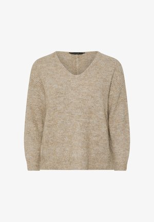 Beżowy sweter dzianinowy z dekoltem w kształcie litery V, długimi rękawami i luźnym krojem. Teksturowany, miękki materiał z subtelnym melanżowym wzorem.