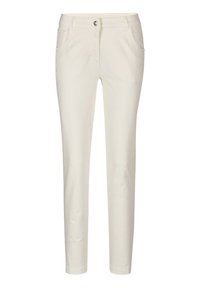 Weiße Baumwollhosen mit geradem Bein, ausgestattet mit einem vorderen Knopfverschluss, zwei seitlichen Taschen und einfachen Nahtdetails.