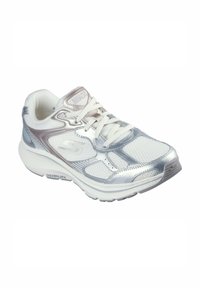 Skechers GoRun running shoe in white with silver accents. Features a mesh upper, padded collar, and a textured rubber sole.