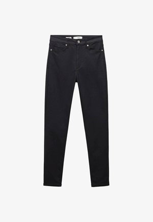 Čierne elastické džínsy s úzkym strihom, s klasickým päť vreckovým dizajnom, predným zapínaním na gombík a jemnými vyšívacími detailmi.