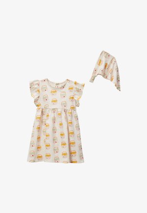 Robe en coton de couleur claire à manches courtes, ornée d'un motif de sacs à main colorés ; comprend un foulard assorti.