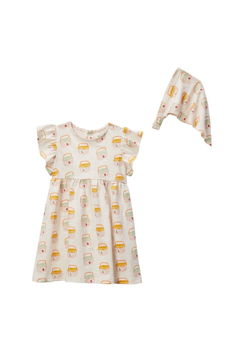 Robe en coton de couleur claire à manches courtes, ornée d'un motif de sacs à main colorés ; comprend un foulard assorti.