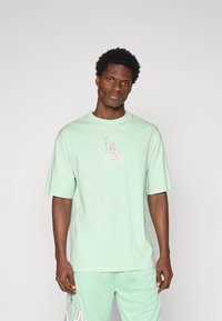 Light mint-green t-shirt made of cotton, featuring a colorful graphic "LA" logo on the front and a relaxed fit with short sleeves.