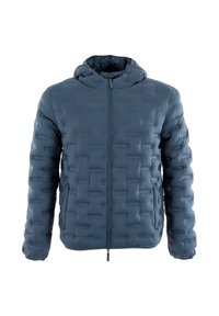 Giacca imbottita di colore blu scuro con cappuccio, dotata di un design trapuntato, zipper frontale e due tasche laterali. Texture liscia e leggera.