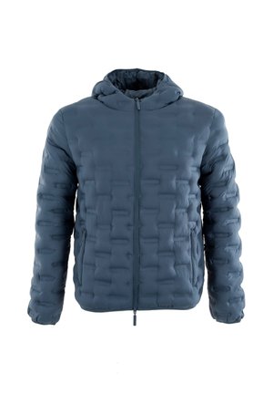 Giacca imbottita di colore blu scuro con cappuccio, dotata di un design trapuntato, zipper frontale e due tasche laterali. Texture liscia e leggera.