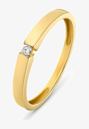 Goldring mit einer glatten, polierten Oberfläche, der einen einzelnen runden Diamantakzent in einem rechteckigen Abschnitt aufweist.