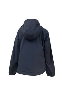 Giacca impermeabile blu navy con cappuccio, maniche lunghe e vestibilità comoda. Caratterizzata da una costruzione senza cuciture e polsini elasticizzati per una vestibilità aderente.