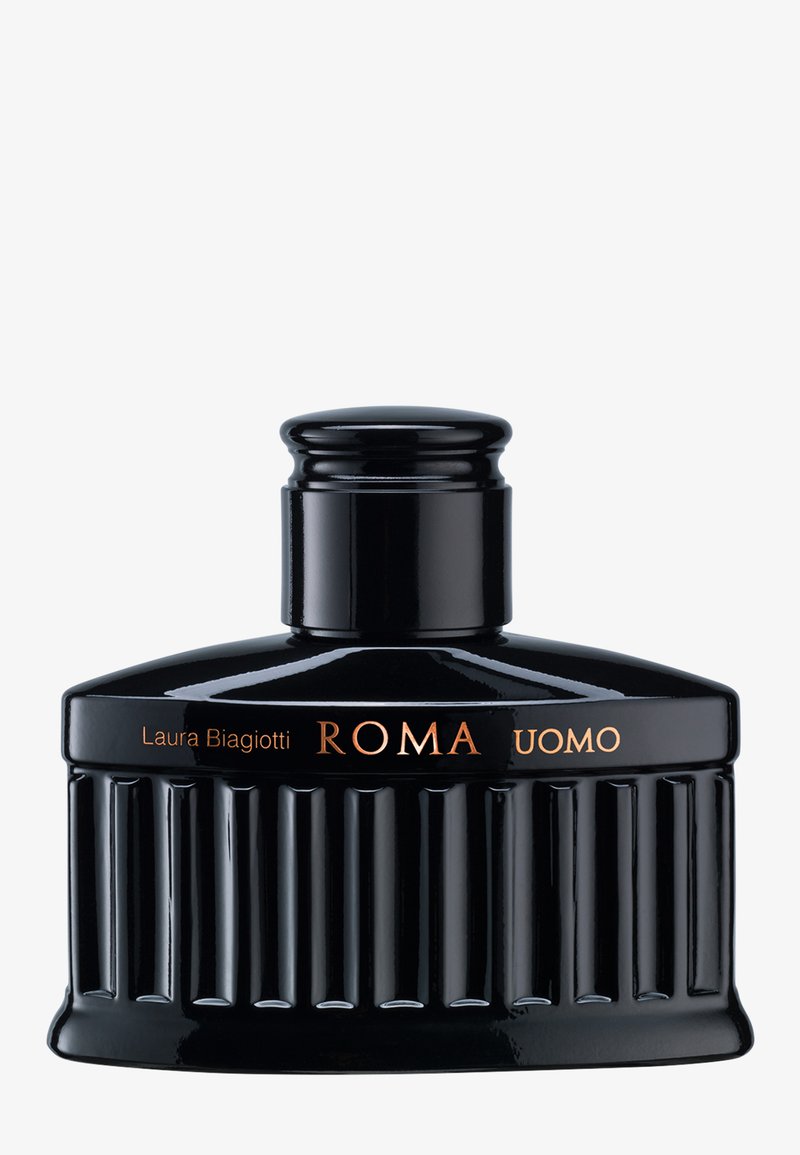 Black glossy rectangular perfume bottle with ridged base and round cap, labeled "Laura Biagiotti ROMA UOMO" in gold letters.