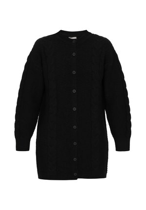 Crna pletena kardigan sa teksturiranim uzorkom pletenice, dugim rukavima i okruglim izrezom, s prednjim zatvaranjem na dugmadi.