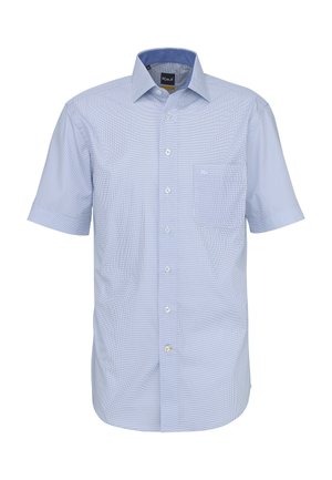 Camicia azzurro chiaro a maniche corte con bottoni, motivo a piccoli quadretti, tasca frontale e collo aperto.