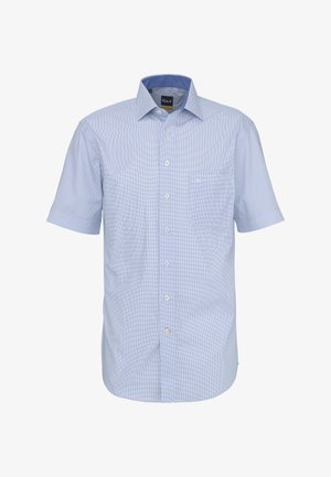 Hellblaues kurzärmeliges Hemd mit Knopfleiste, kleinem Karomuster, Brusttasche und Kent-Kragen.