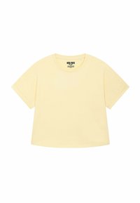 Lichtgele, kortemouwen t-shirt met een ronde hals, met een label aan de binnenkant dat "MIRA PARIS" leest.